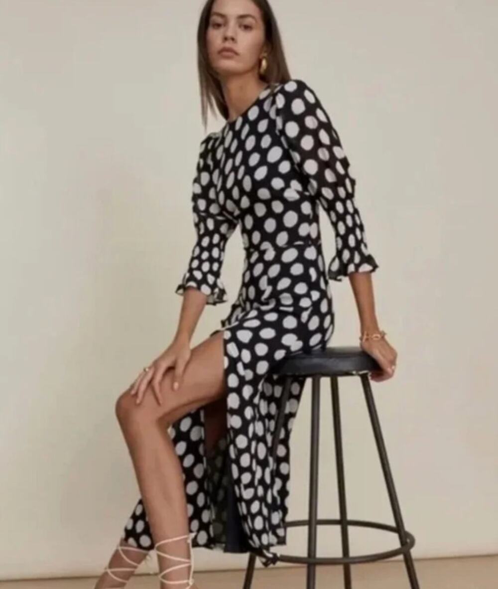 Reformation Carolena Dress Black and White Polka Dot NWT Midi Women's 8